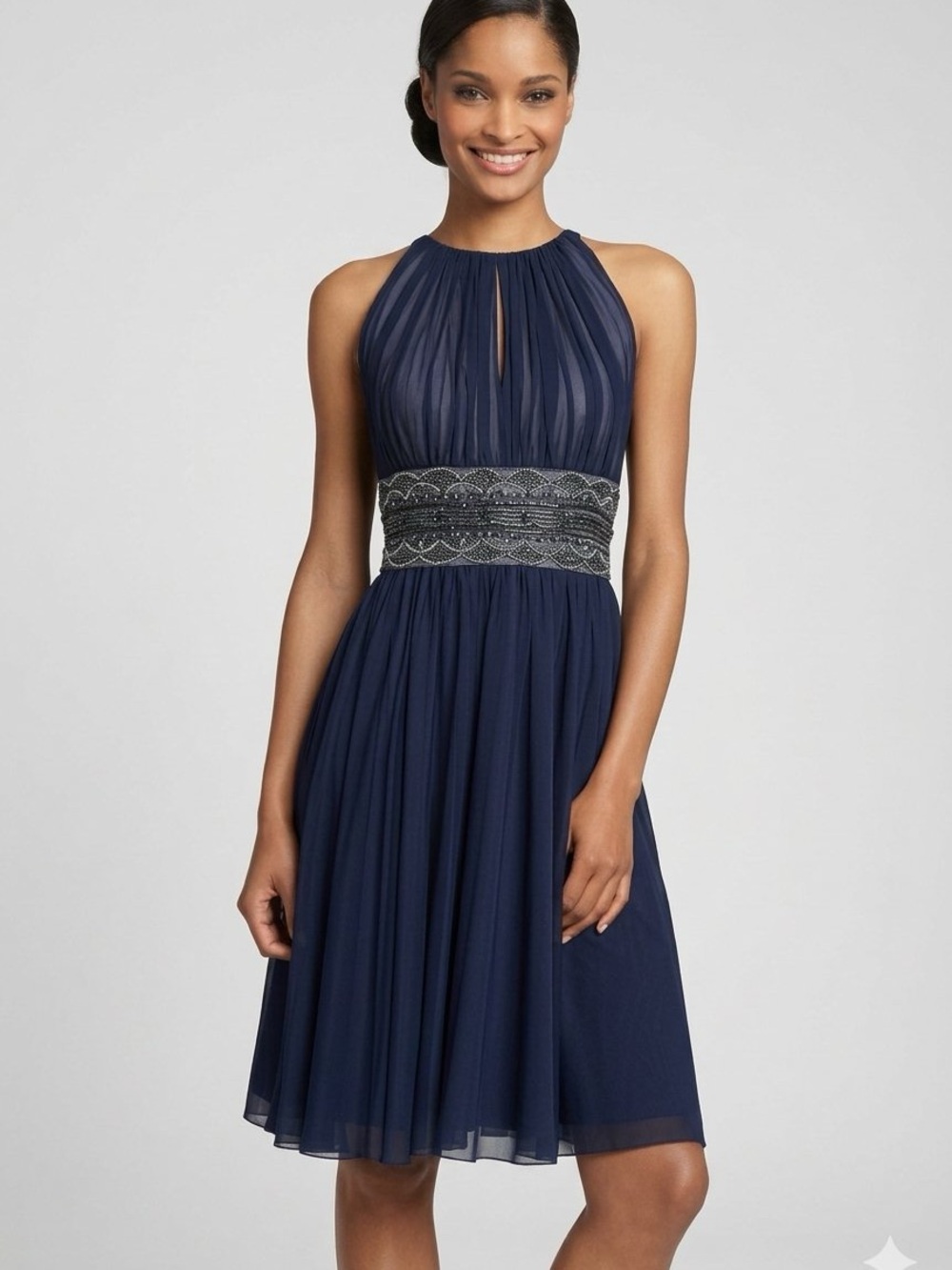 NWT JS Boutique Black Gray Mesh Beaded Waist Halter Cocktail dress Sz 8 MSRP$139